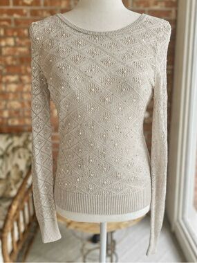WHBM Beige Metallic Pearl Sequins Beige Pointelle Knit Top XS Quiet Luxury